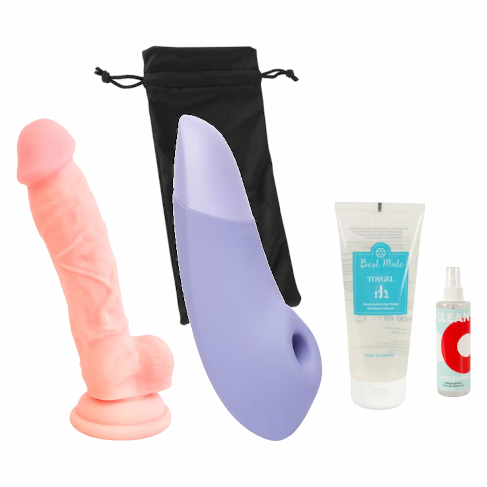 Officially Free - Premium Solo-sæt med Womanizer, silikonedildo, glidecreme, toy cleaner og opbevaringspose